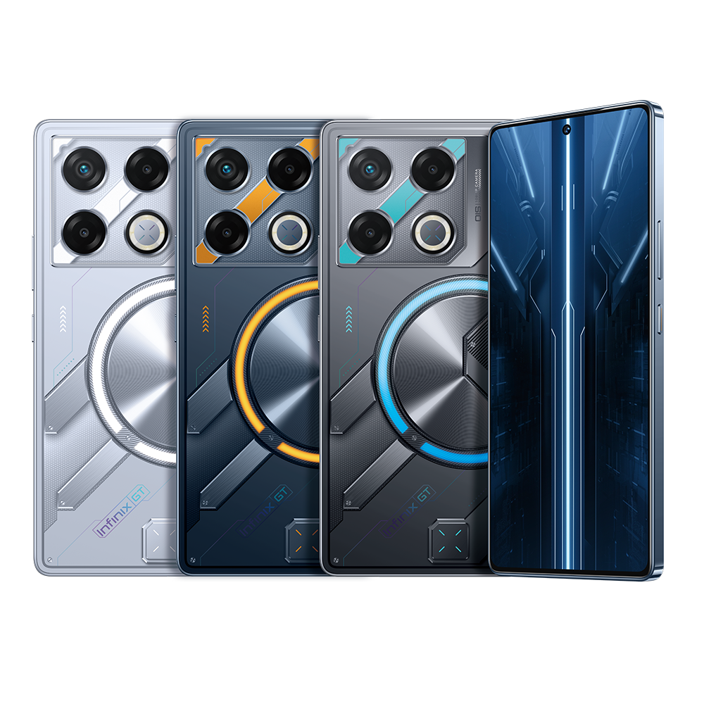 Infinix GT 20 Pro gaming smartphone front and back view with LED mecha design